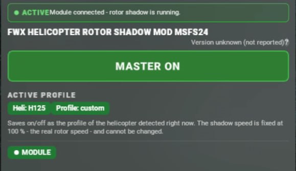 FWX Control Center im Simulator, Reiter Rotor Shadow: Statuszeile, ein großer Hauptschalter, der erkannte Hubschrauber und das Profil, das für ihn gilt.